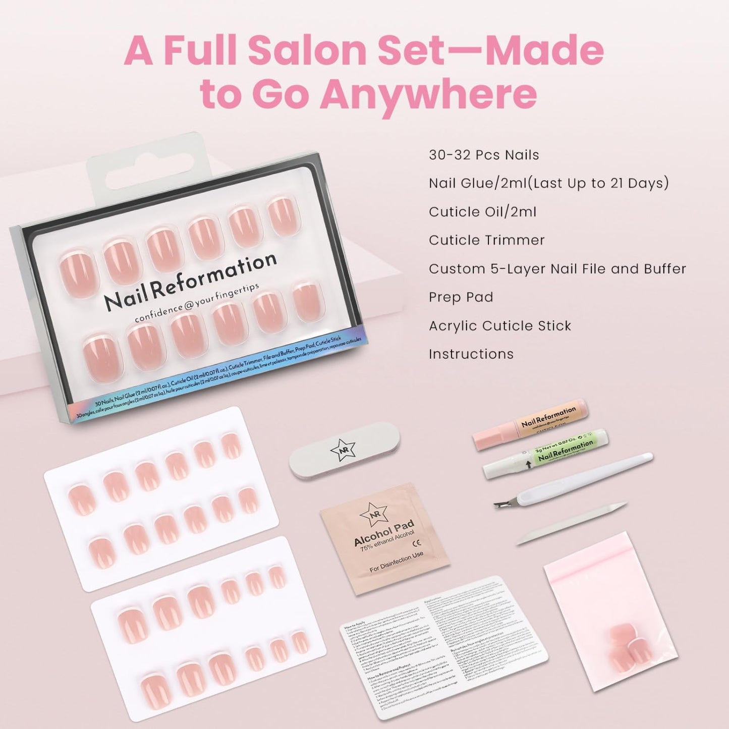Nail Reformation Press On Nails, She’s a Natural | Short Square Fake Nails in White French Tip on Nude Base in a Glossy Finish, Reusable Stick On Nails in 15 Sizes - 30 False Nail Kit for Women Gifts