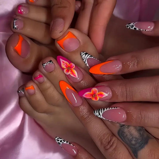48 Pcs Flower Press on Nails Almond Medium & Press on Toenails Set Orange French Tip Fake Nails with 3D Floral Design Square Short False Toe Nails Kit Glossy Full Cover Acrylic Nails for Women