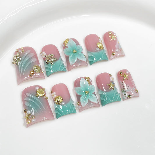 Luxury Handmade Press on Nails Medium Duck Fake Nails Blue French Tip False Nails with Ocean 3D Floral Art Ombre Design Acrylic Nails Handmade Stick on Nail for Women Manicure 10Pcs (Size M)
