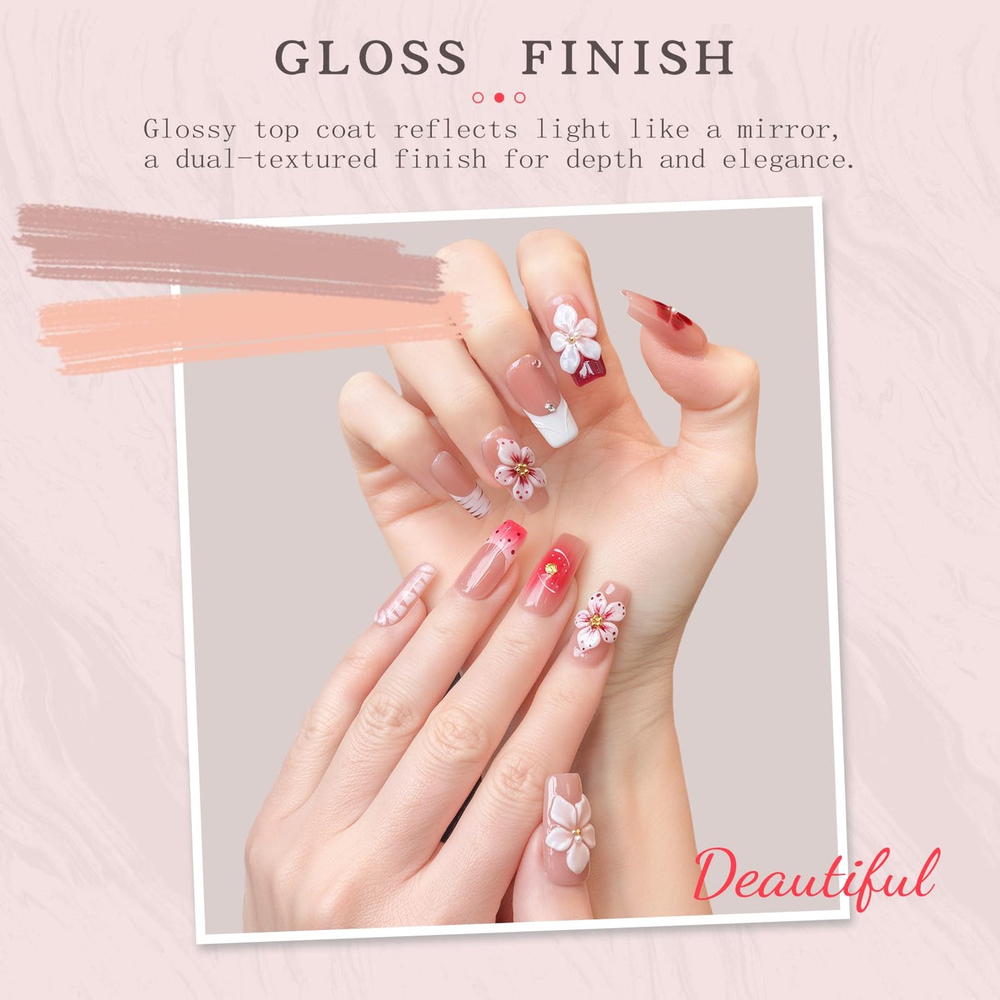 Nude Pink Handmade Press on Nails – Long Coffin Shaped Fake Nails with Rhinestones & Flower Designs | Full Cover Thick Acrylic & Multi-Layer Gel Stick on Nails Spring Pattern (S-10PCS)