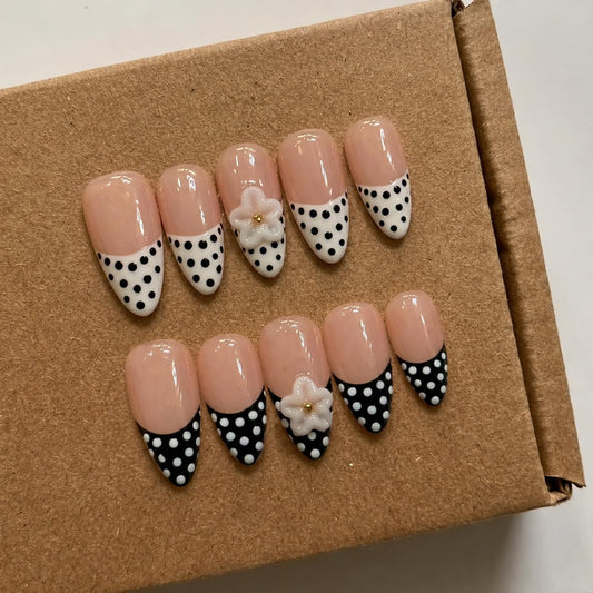 Luxury Press on Nails Medium Almond Handmade 3D Unique Reusable ABS Material Fake Nails French Tip False Nails with Floral Polka Dots Designs Black&White Glossy Glue on Nail Thick Acrylic Nail(M)