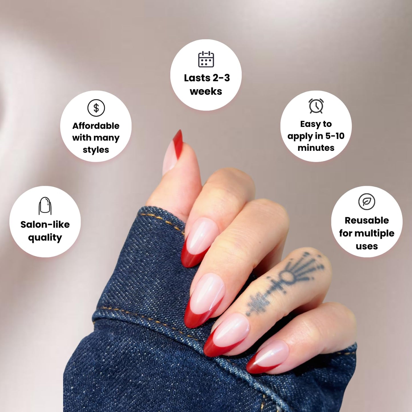 Ellie Vincy Press On Nails - Scarlet Edge French Nails, Short Almond Shape, Reusable Nails in 15 Sizes - 30 Nail Kit with Glue and Sticky Tabs