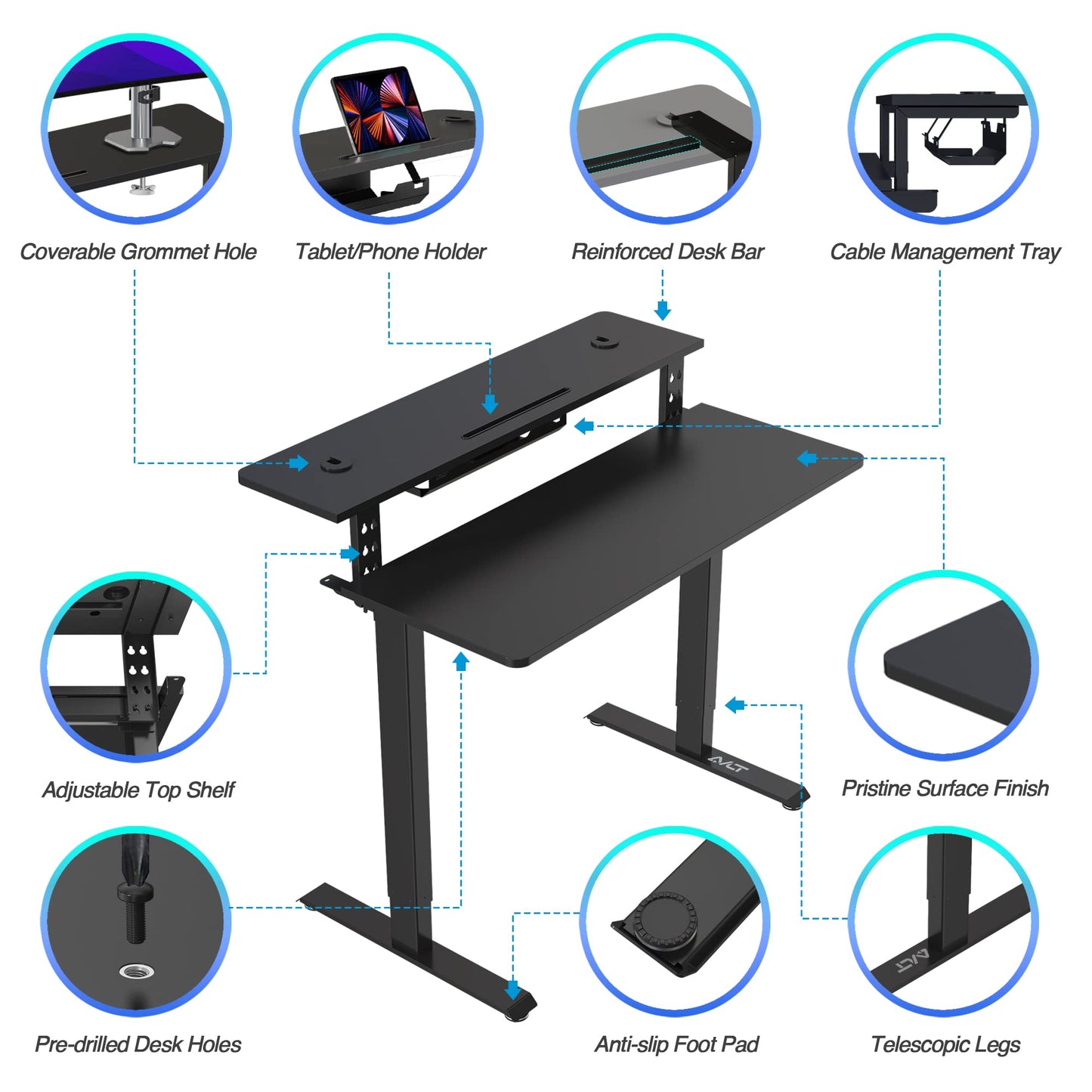 AVLT 47″ Electric Standing Desk with Dual-Tier Shelf & Tablet Holder – Height Adjustable Sit-Stand Desk for Home Office, Motorized Frame Supports 176 lbs (80kg), Includes Tabletops – Black