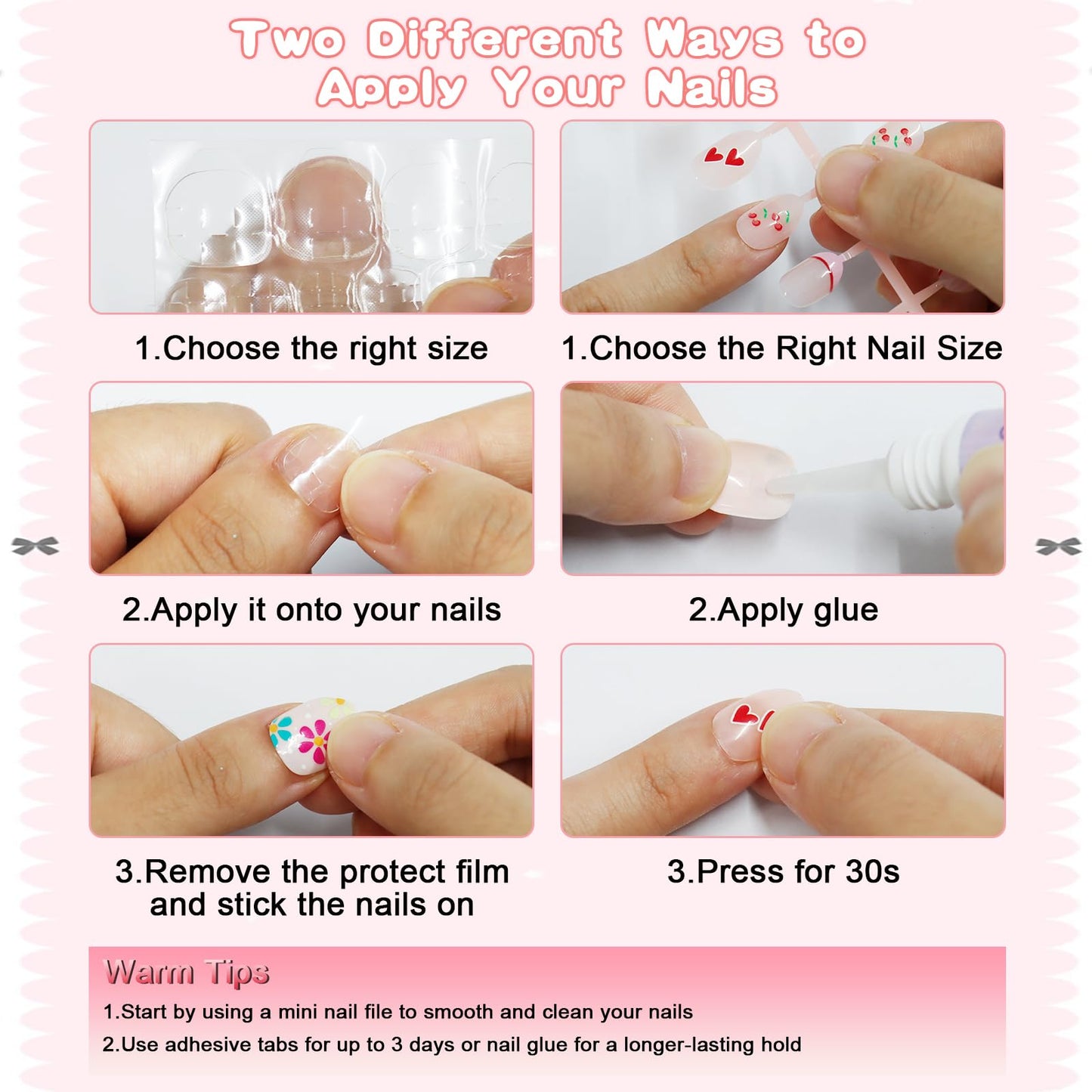 SIUSIO 3Pack Children Acrylic Fake Nails, 72pcs Press on Full Cover Cherry French Tips Short Almond False Nail Art Kits Set with Sticker Tabs Nail Glue Gel for Kids Little Girls Women - Floral Cherry