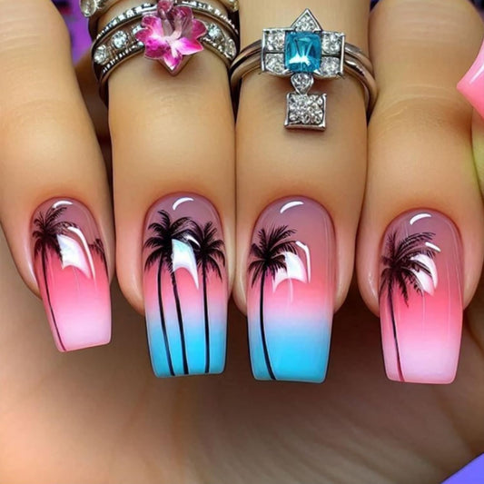 24Pcs Coconut Tree Press on Nails Medium Ballet Shaped Blue Pink Gradient Acrylic Fake Nails Full Cover Glossy Summer Artificial Nail Medium Press Ons Stick on Nails DIY Glue on Nails for Women