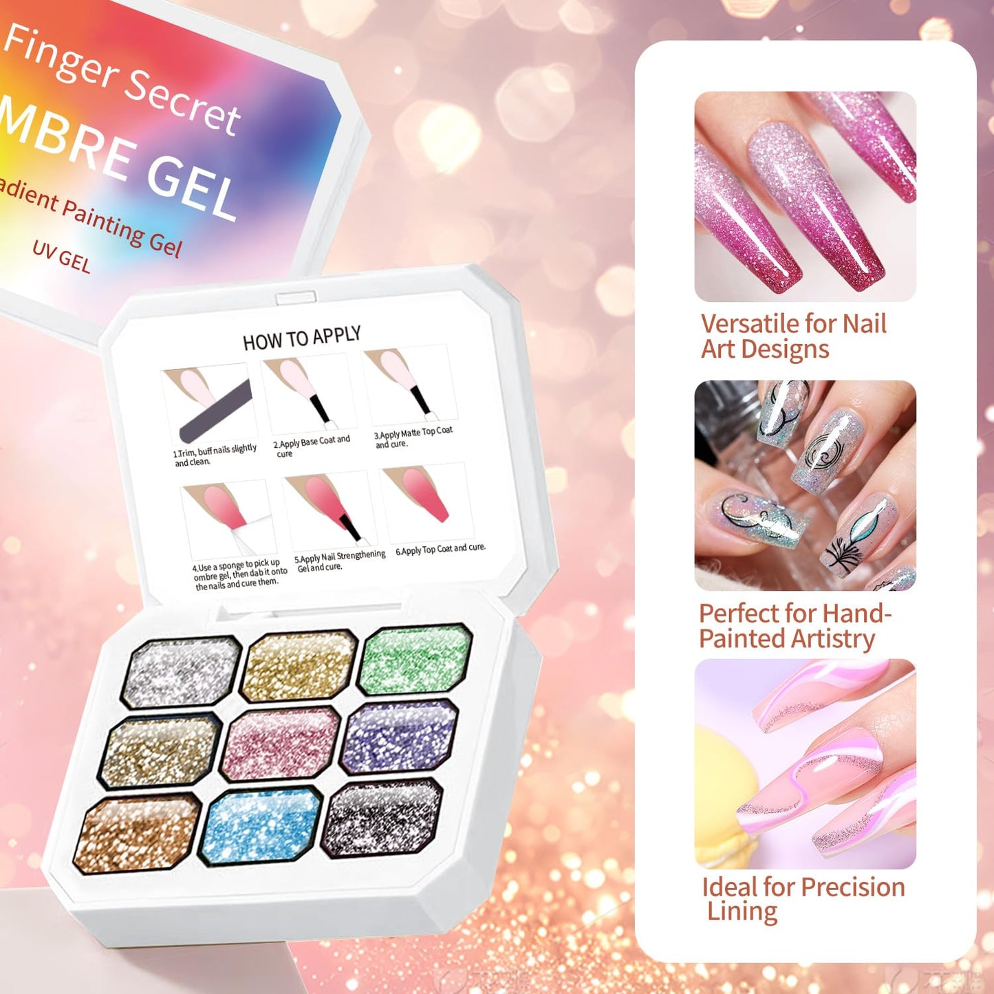 AOBOO 9 Colors Pat Painting Gel Nail Polish Set – Ombr Nail Polish for Acrylic Nail Art No Wipe Paint DIY Ombre Gel Kit with 100PCS Nail Sponges & Grabbing Pen (B0)