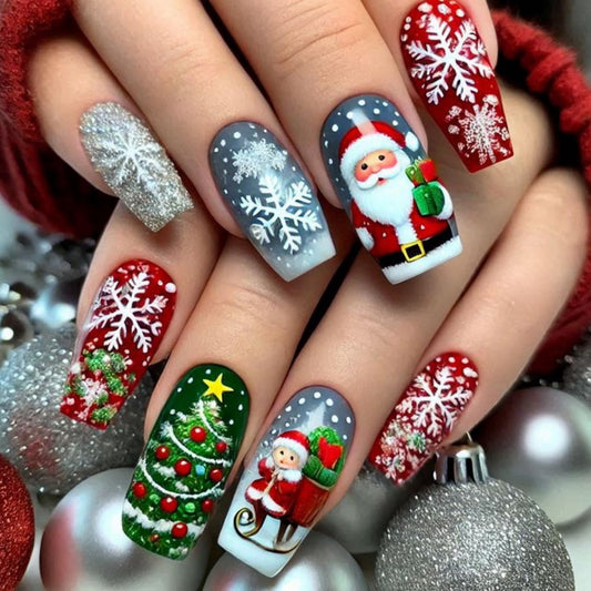 Christmas Press on Nail Long Coffin Fake Nails with designs Acrylic Stick on Nail Snowman Snowflake Christmas Tree designs Holiday False Nails White Red Green Glue on Nails for Women Holiday Decor