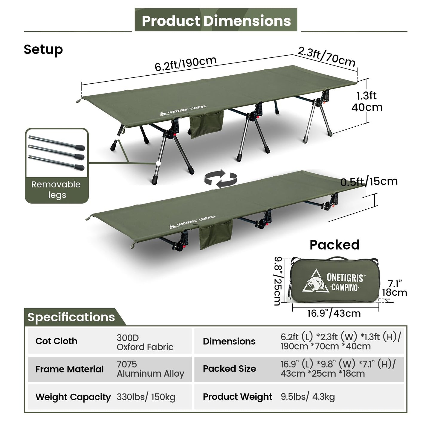 ONETIGRIS SUPRANUBIS Camping Cot, Height Adjustable with Cot Leg Extenders, Strong Support 330lbs, Lightweight Comfortable Folding Bed for Camping, Hiking, Travel, Truck, Beach, Office Nap