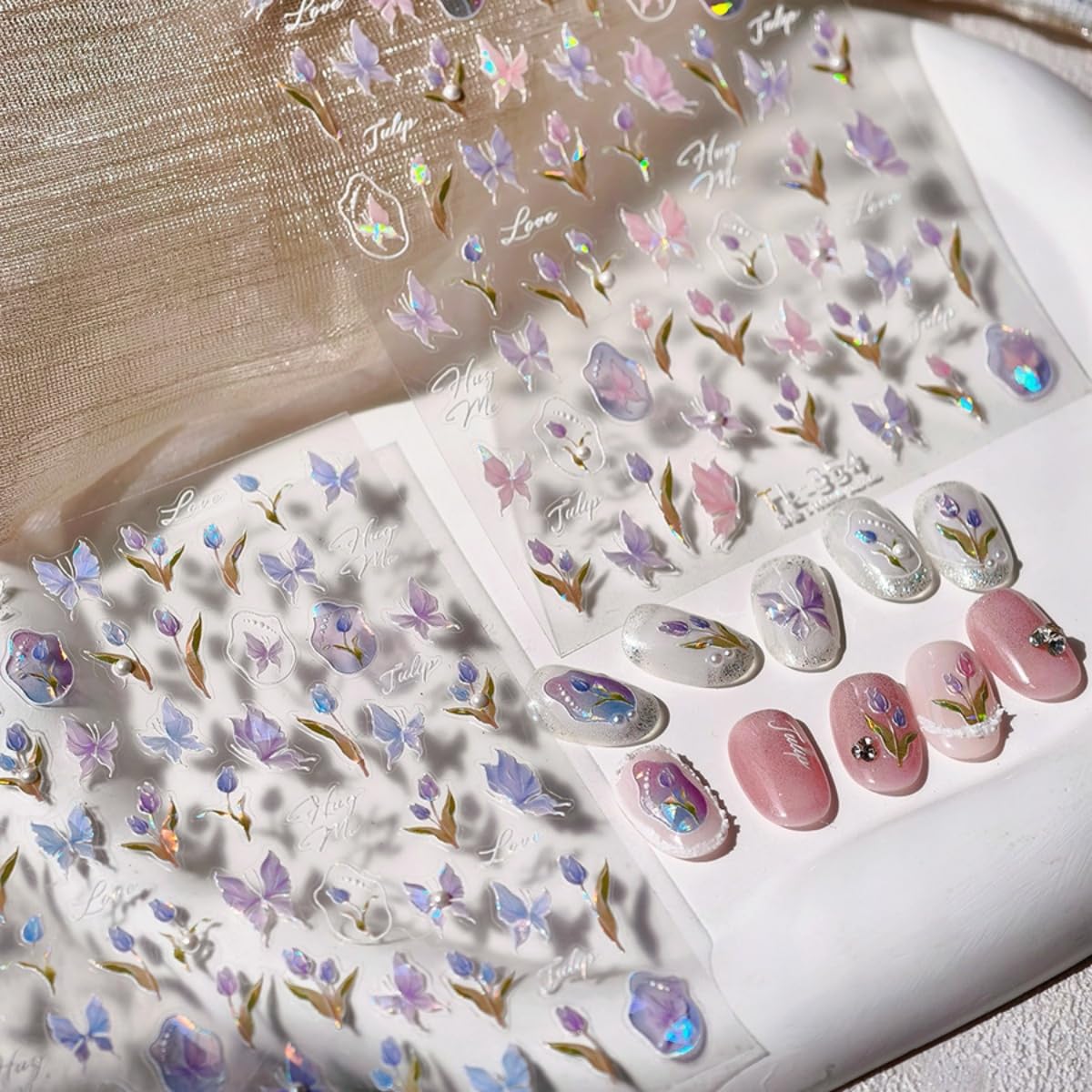 Spring Nail Art Stickers 5D Embossed Flowers Butterfly Nail Decals Laser Aurora Nail Stickers for Nail Art Pink Floral Nail Design Decoration Accessories for Women and Girls 2 Sheets