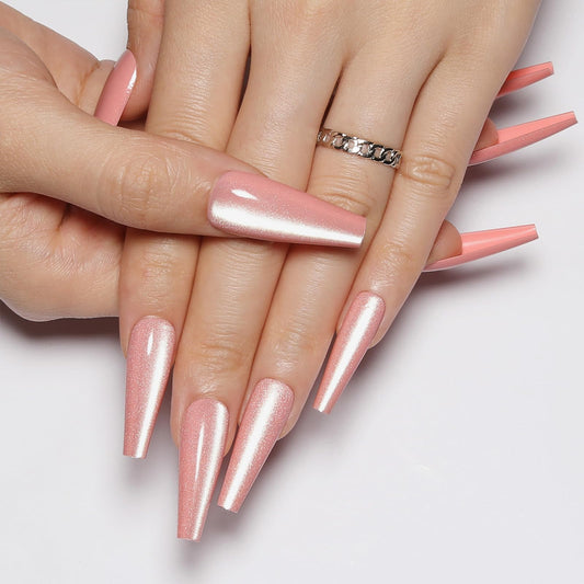 Handmade Press on Nails - Soft Pink Fake Nails | Velvet Effect Design Light Color Nails | Glossy,Glitter,Gradient Color,Reusable Long Acrylic Nails | 12 Sizes - 24 Nail Kit with Jelly Glue
