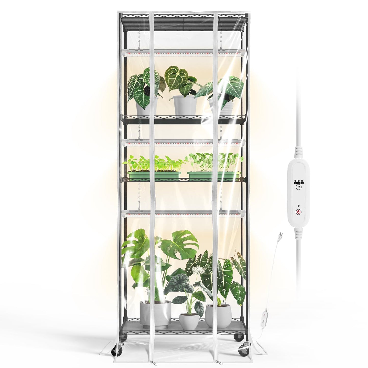 Bstrip Indoor Greenhouse with Grow Light, 23.5"x13.8"x59" Portable Metal Greenhouse Shelves with T8 2FT Full Spectrum Grow Light & Timer, Adjustable Plant Stand for Indoor Plant, Spring Seed Starting