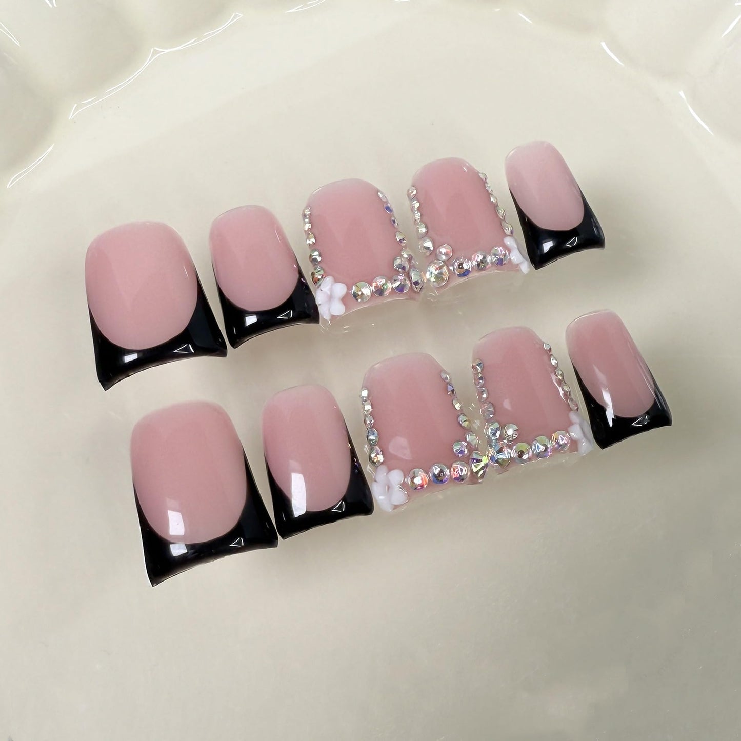 Handmade Press on Nails Muti-Layer Gel Acrylic Nail Short Duck Black French Tip Fake Nails Flower & Rhinestones Designs Luxury Handmade False Nail Art Full Cover Thickened Stick on Nails for Women (S)