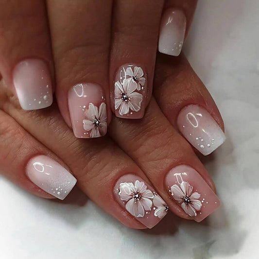 BABALAL Short Nails Press on Square Fake Nails Pink White Ombre Glue on Nails Flower Natural Acrylic Nails Design False Nails Art 24Pcs Squoval Full Cover Artificial Nails for Women Girls