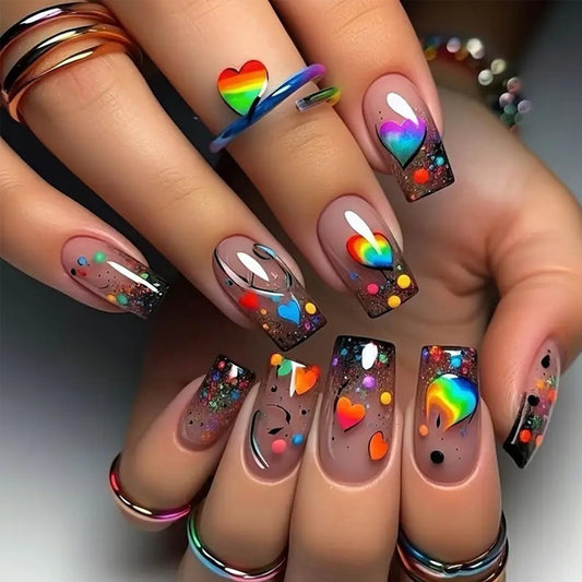 Medium Square Press on Nails Valentines Fake Nails with Colorful Heart Designs Reusable False Nail Pink Black Gradient French Tip Glue on Nails Full Cover Acrylic Artificial Nail for Women 24Pcs