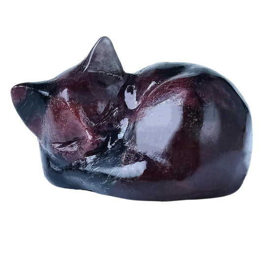 RUIJINGYUAN Natural Garnet Cat Statue - 2 Inch Hand Carved Healing Crystal Figurine, Sleeping Cat Stone Sculpture for Desk Decor, Office Home Gift for Cat Lovers