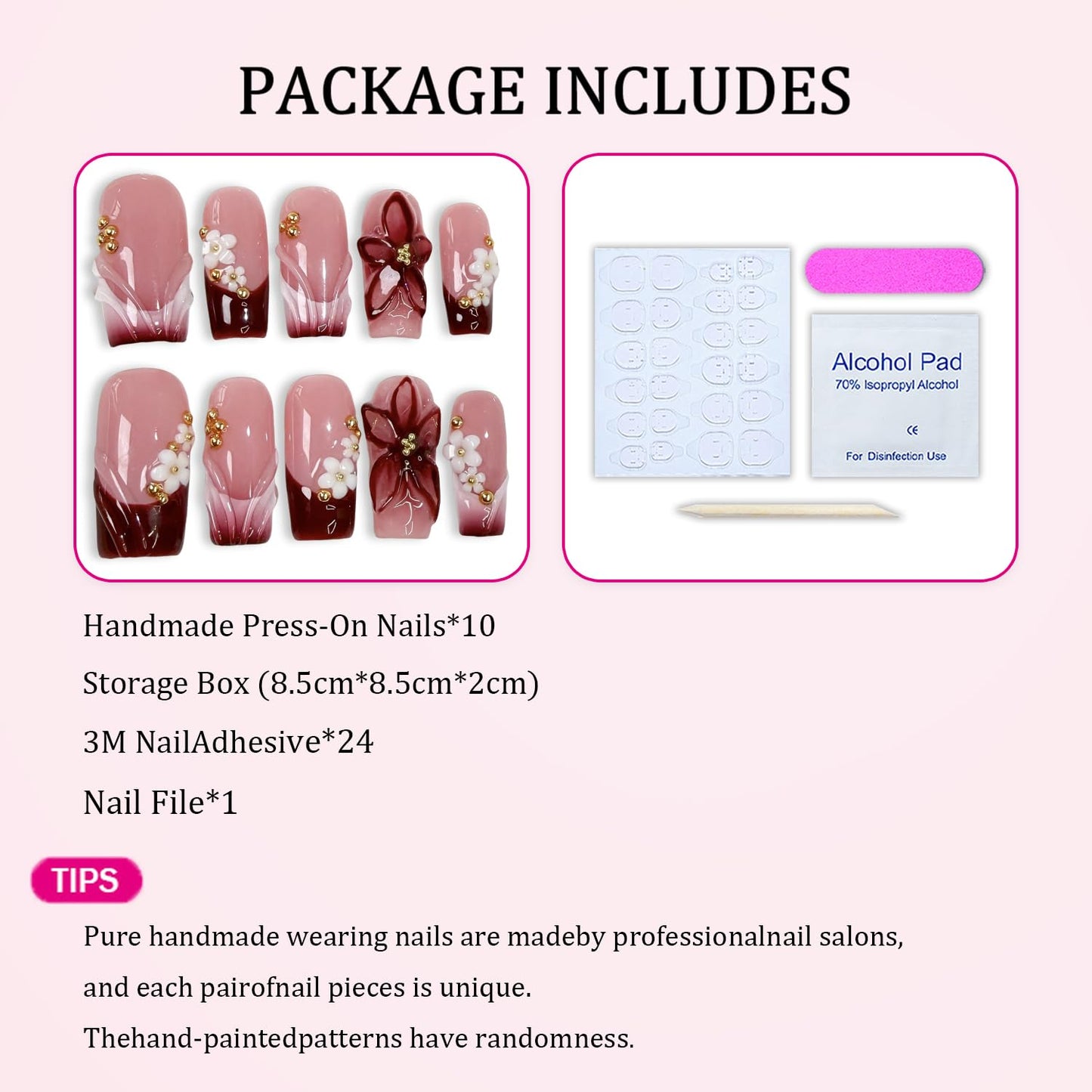 10 Pcs Handmade Press on Nails Gradient French Tip Acrylic Nails Medium Square Fake Nails with 3D Flower Design Full Cover Artificial Stick on False Nail for Women (S)