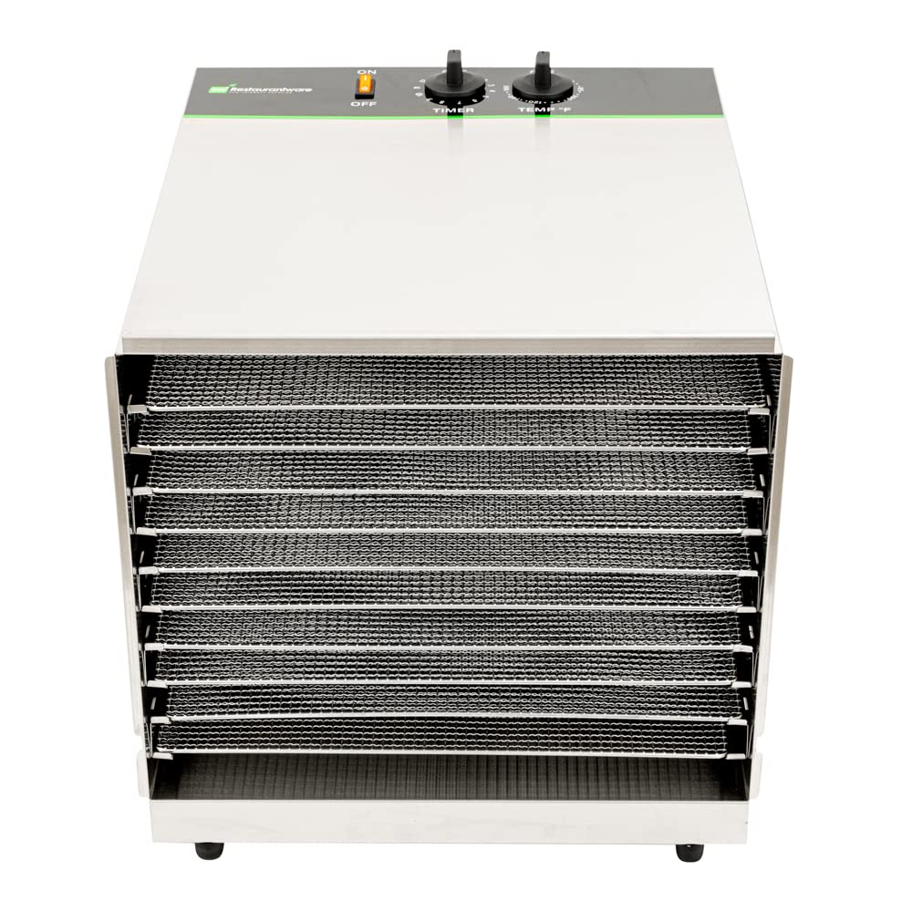 Restaurantware Hi Tek Food Dehydrator 1 Food Dryer Machine - 120V/1000W 10 Shelves Stainless Steel Dehydrator For Food Built-In Timer No-Slip Feet Removable Door