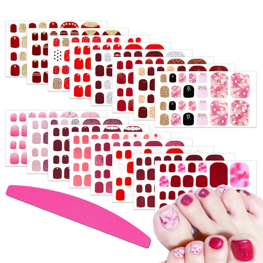 SILPECWEE Red Toe Nail Polish Strips for Women Full Nail Wraps Self Adhesive Nail Stickers Nail Strips Real Nail Polish Toenails Accessories with 1pc Nail File (16 Sheets)