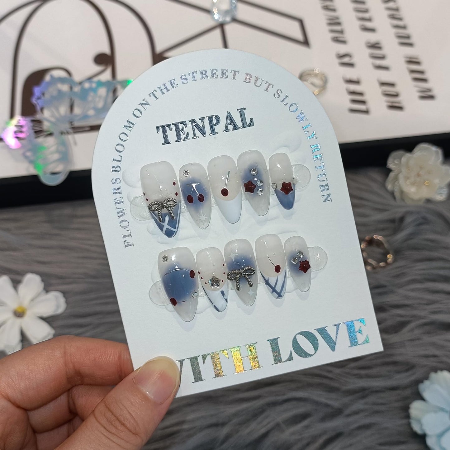 TENPAL Light Blue White French Press on Nails Medium Almond with 3D Charms Bow Rhinestone Cherry,10Pcs Sweet Girls Summer with Full Kit(L)