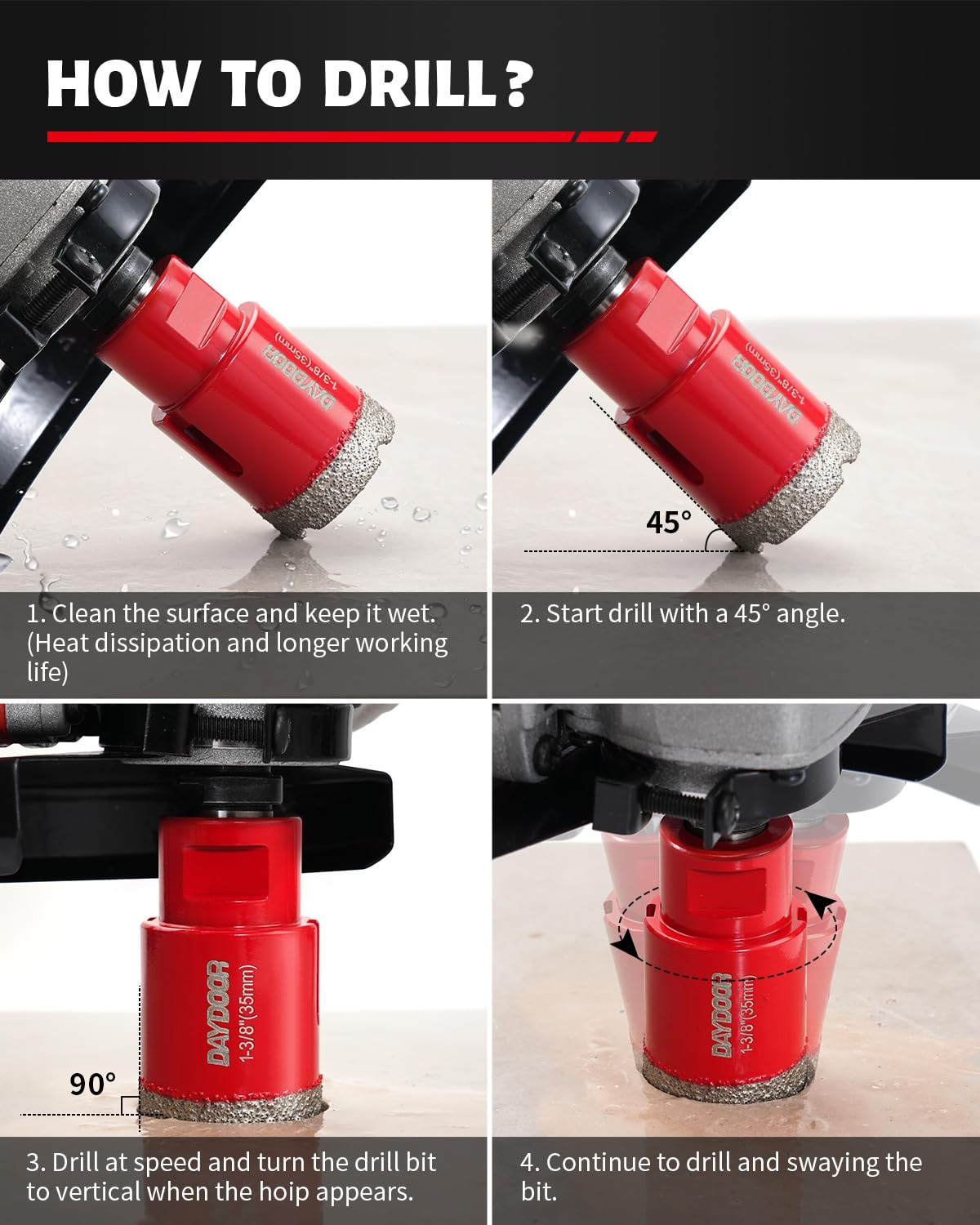 DAYDOOR Diamond Hole Saw Kit, 13-Piece Tile Hole Saw Kit 6/6/8/20/25/35/51/76/102mm, Vacuum Brazed Core Drill Bits for Porcelain Tile, Granite, Marble, Stone
