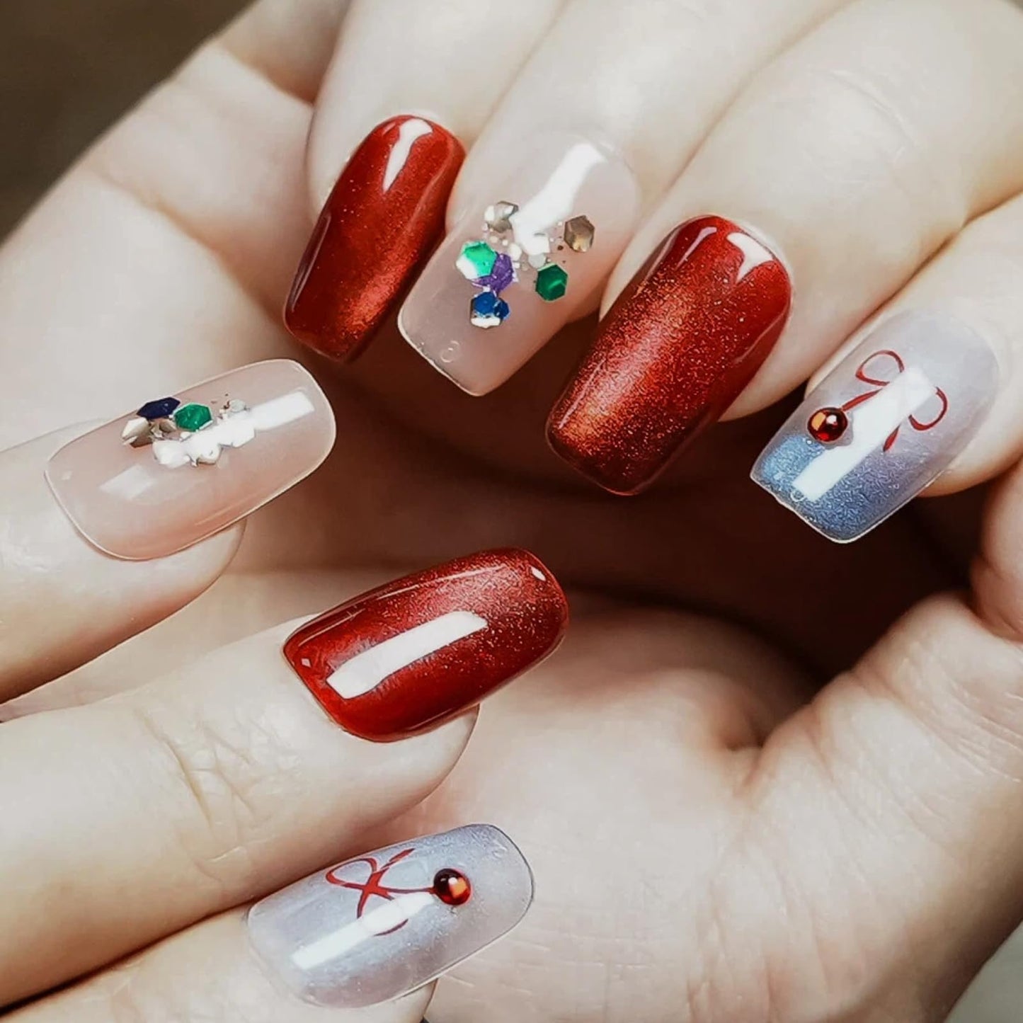 Tesytto Handmade Red Cat Eye Press on Nails Short Coffin - Luxury Coquette Bow Design, Blue Glitter & Red Ombre Fake Nails, Salon Quality Reusable Nails (Holiday Wishes,S)