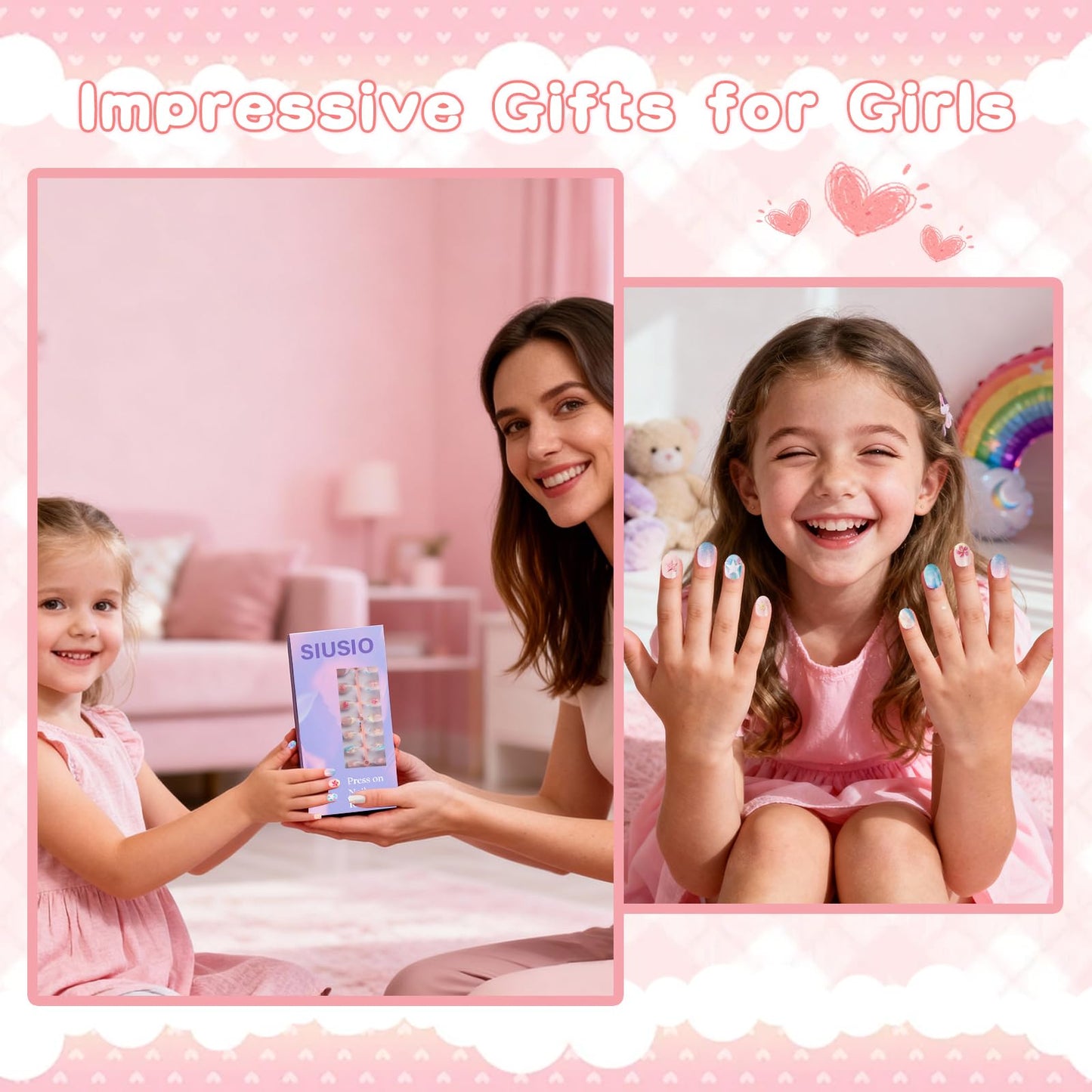 SIUSIO 3Pack Children Acrylic Fake Nails, 72pcs Press on Full Cover Glitter Gradient Color Short Almond False Nail Art Kits Set with Sticker Tabs Nail Glue Gel for Kids Little Girls - Summer Ocean