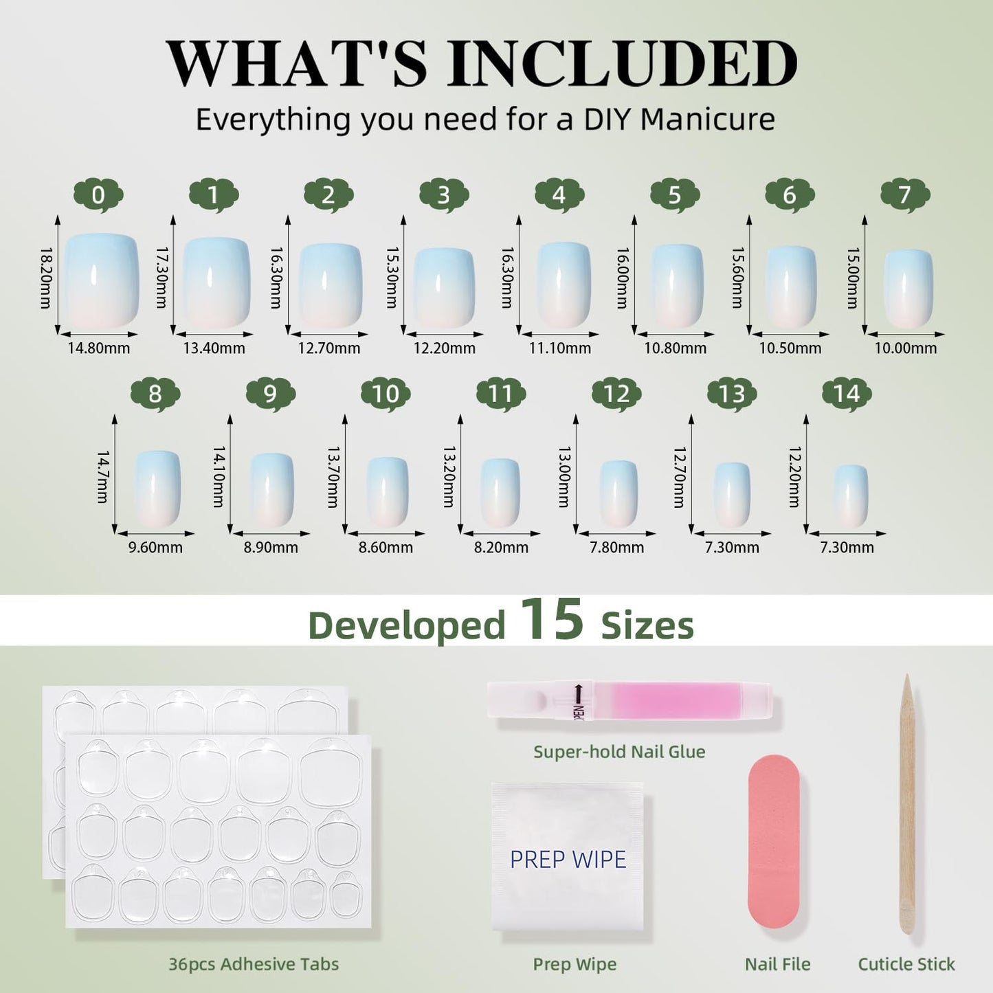 Ombre Press On Nails Square - Light Blue Short Square Fake Nails, Blue Press On Nails Reusable Stick On Nails in 15 Sizes, 30pcs False Nail Kit for Women & Girls (Blue Ombre)