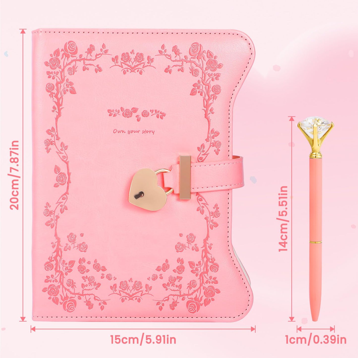 BSRBAOZY Diary with Lock and Key for Girls & Women, Heart-Shaped Locking Journal Gift Set with Diamond Pen, 360 Gilded Pages A5 Faux Leather Secret Writing Notebook for Teens Age 8-14(Garden Pink)