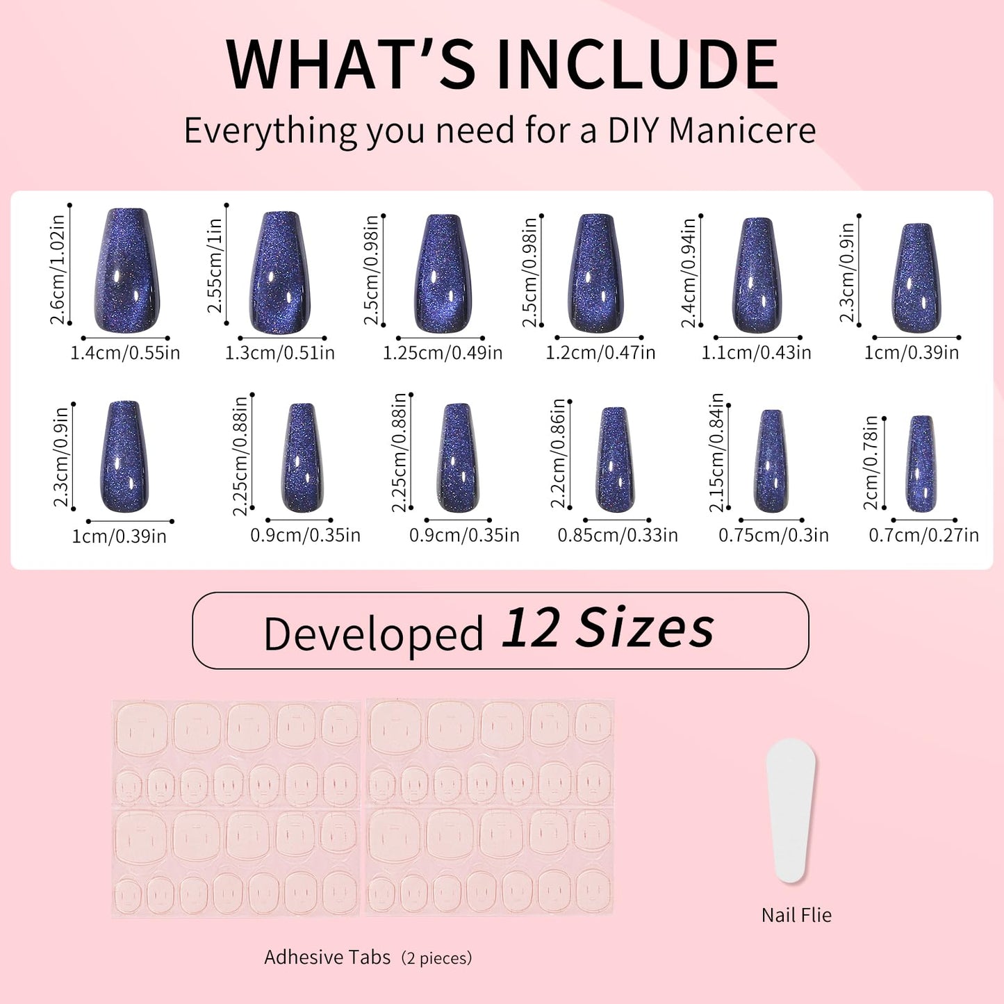 Dark Blue Cat Eyes Press On Nails,12 Sizes - 24 Pcs Soft Gel Blue Medium Coffin Fake Nails Kit with Nail Glue, Natural Reusable Stick On False Nails for Women and Girls SK0999