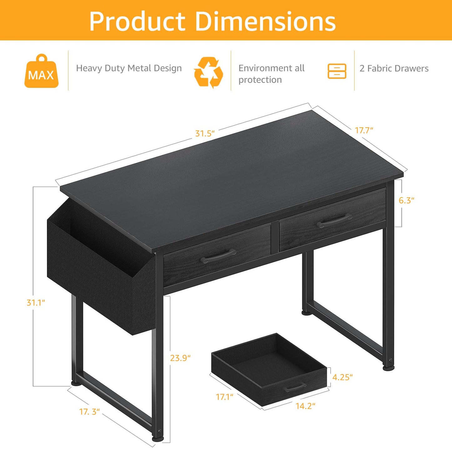 DLisiting Small Desk with Fabric Drawers for Bedroom, 32 Inch Gaming Desk with 2 Drawers for Small Space, Study Writing Table PC Desks, Black
