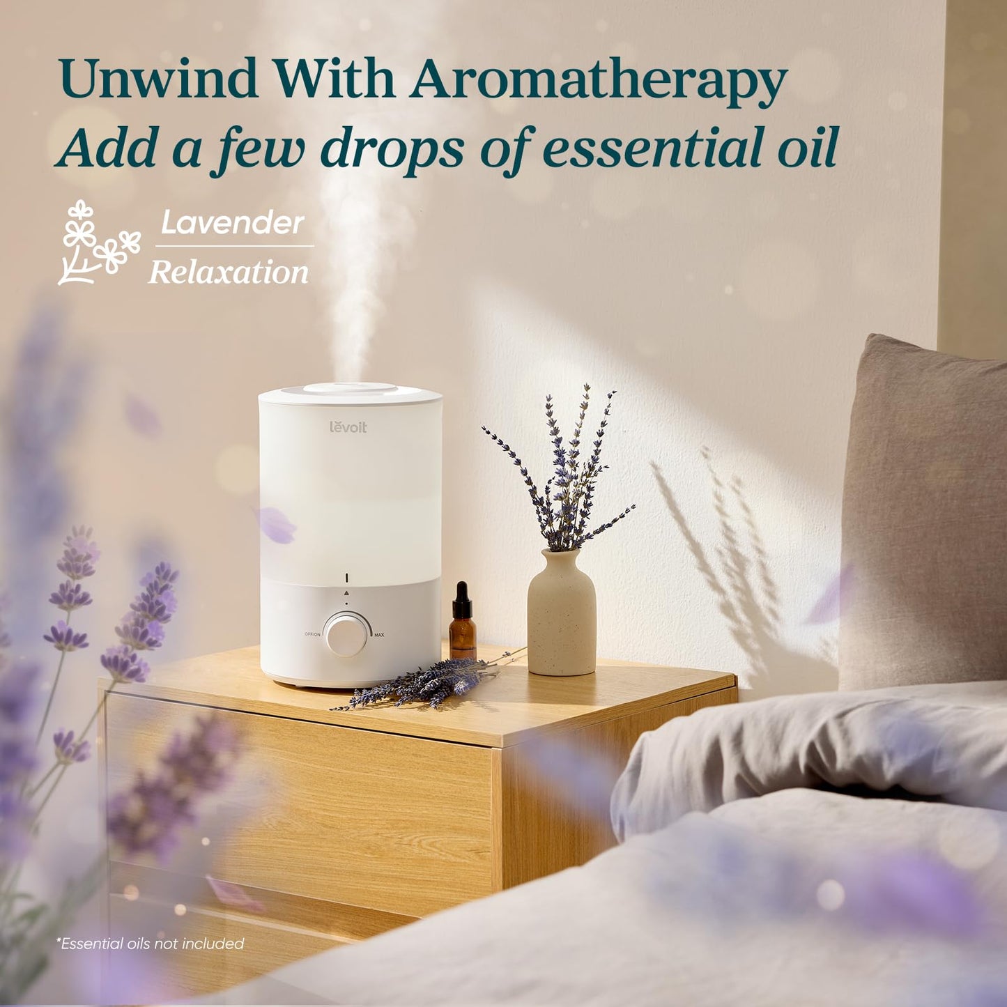 LEVOIT - Humidifiers for Bedroom - Quiet (3L Water Tank) - Cool Mist/Top Fill/Essential Oil Diffuser/25Watt - Home/Large Room - 360° Nozzle - Rapid Ultrasonic Humidification for Baby Nursery/Plant