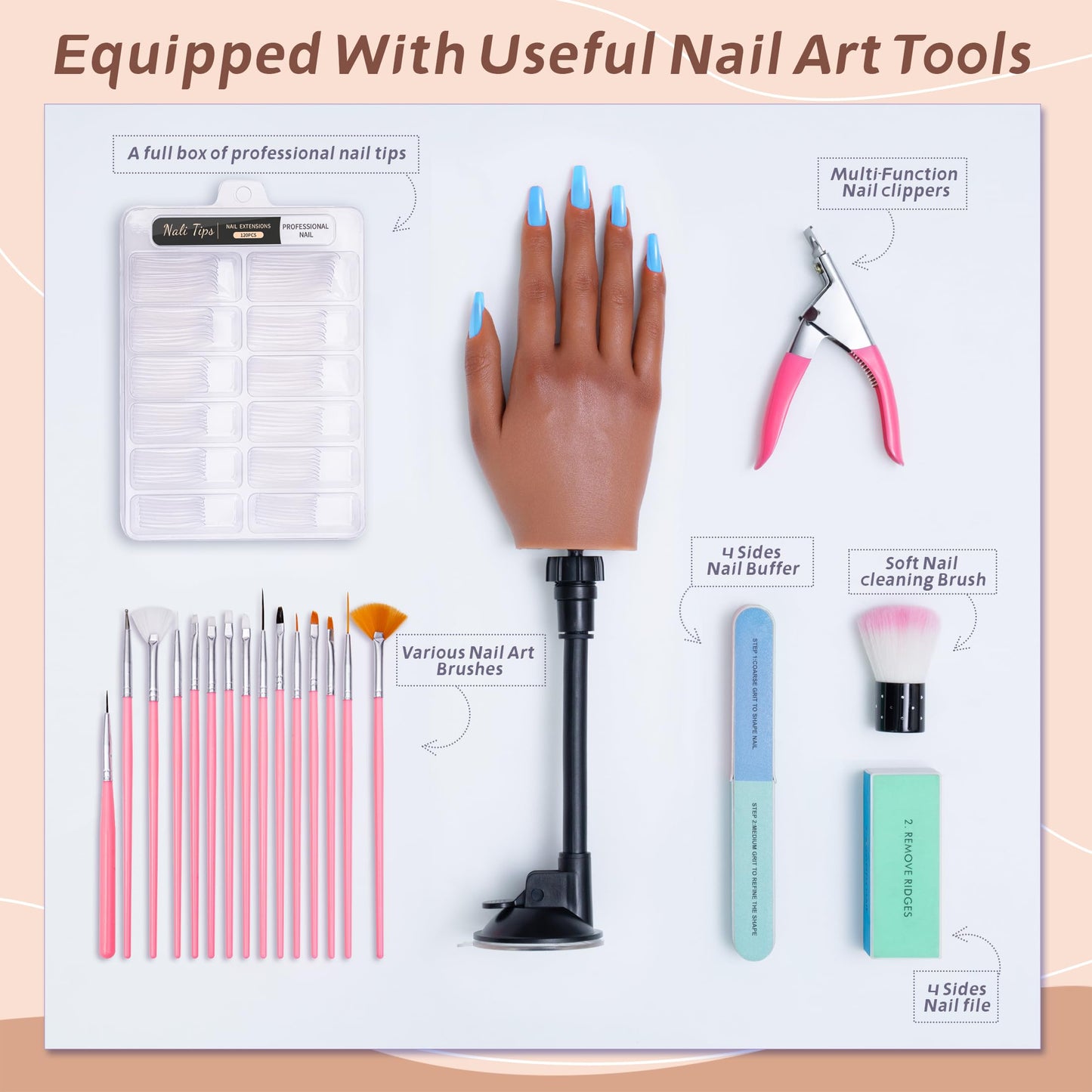 Veikmv Practice Hand for Acrylic Nails,with Flexible Fingers, Realistic Silicone Mannequin Hand Model for Nail Art Training, Gel Polish and Manicure Beginner Kit