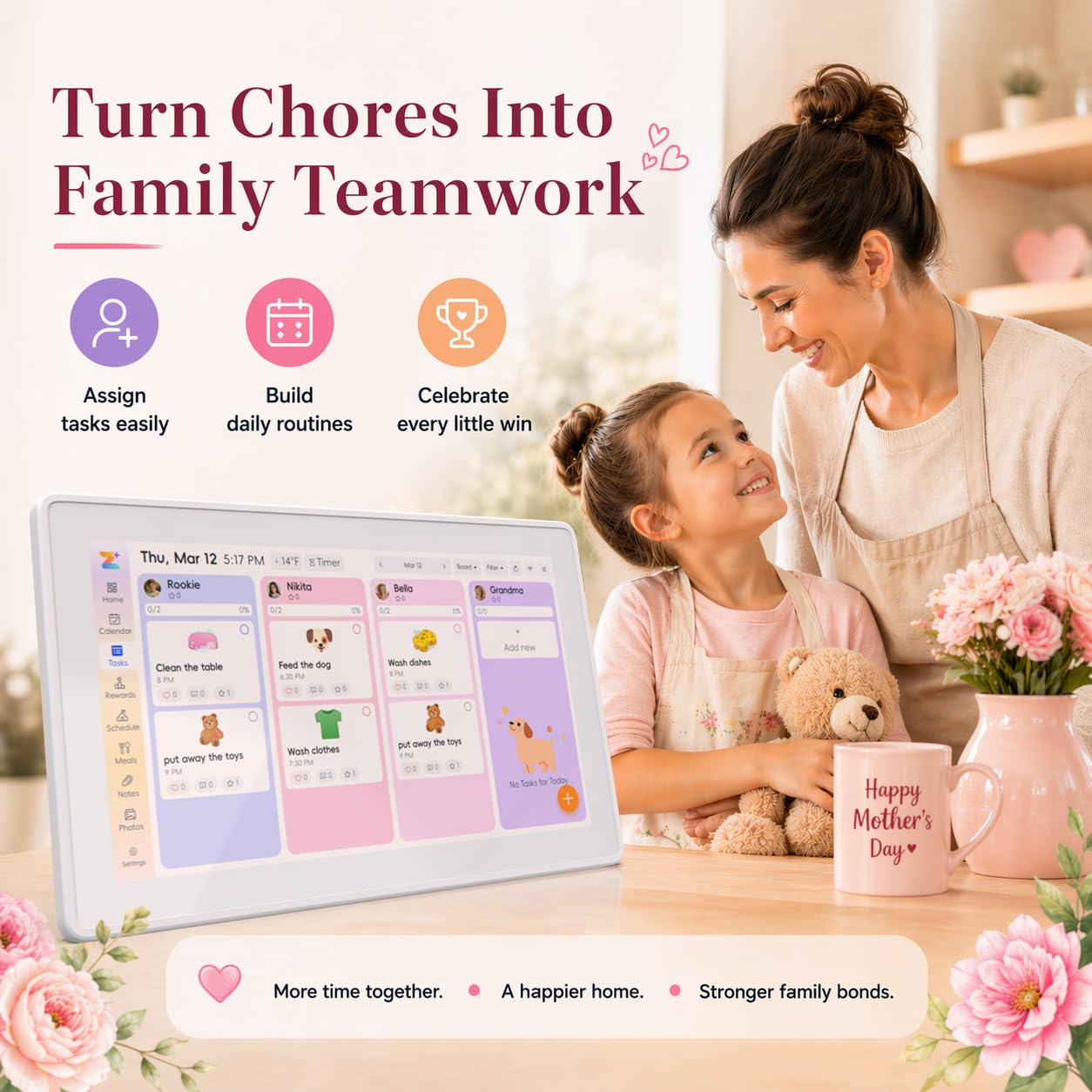 OWNCOZY 15.6 Inch Wall Planner Digital Calendar & Chore Chart, Smart Touchscreen Interactive Family Schedule Display with Electronic Photo Album, Wall-Mounted Smart Home Organizer for Daily Tasks, Appointments & Photo Slideshow, White