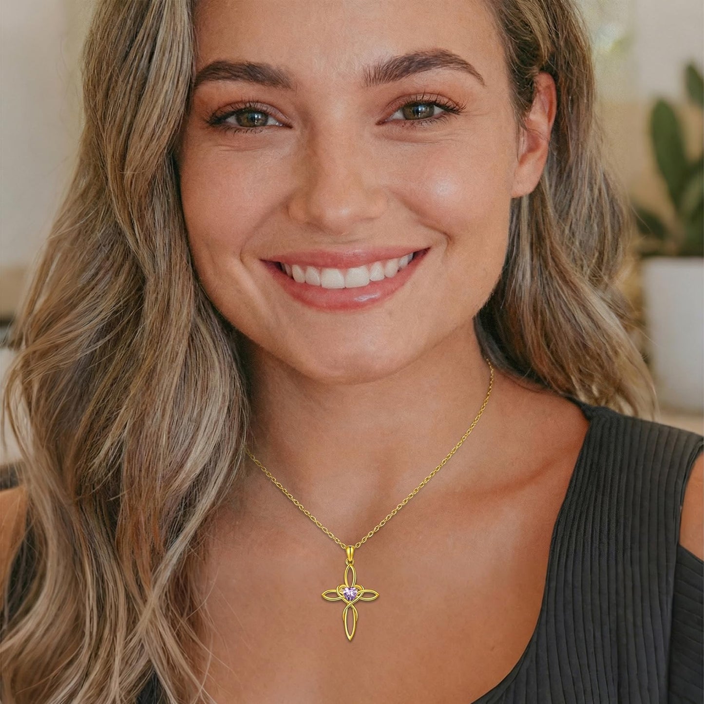 POIUY Celtic Knot Cross Birthstone Necklace for Women 14K Gold Irish Infinity Dainty Heart Pendant Cross Jewelry Anniversary Valentines Birthday Mothers Day Gifts for Mom Wife Her
