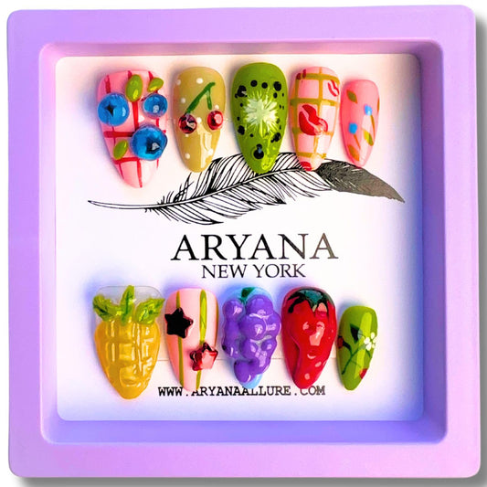 ARYANA NEW YORK 3D Flower Summer Press on Nails Almond, Colorful Fruits Design Nails for Women, Glossy Gold Beads Rhinestones Charms French Tip Glue on False Nails, Les Fruits Collection - Small