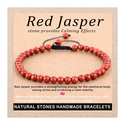AD Beads 4mm Red Jasper - Stone Pepvodes Calming Effects - Handmade Natural Stone Crystal Bracelet with Adjustable Macrame String - Yoga Healing Power Energy Gifts for Men and Women