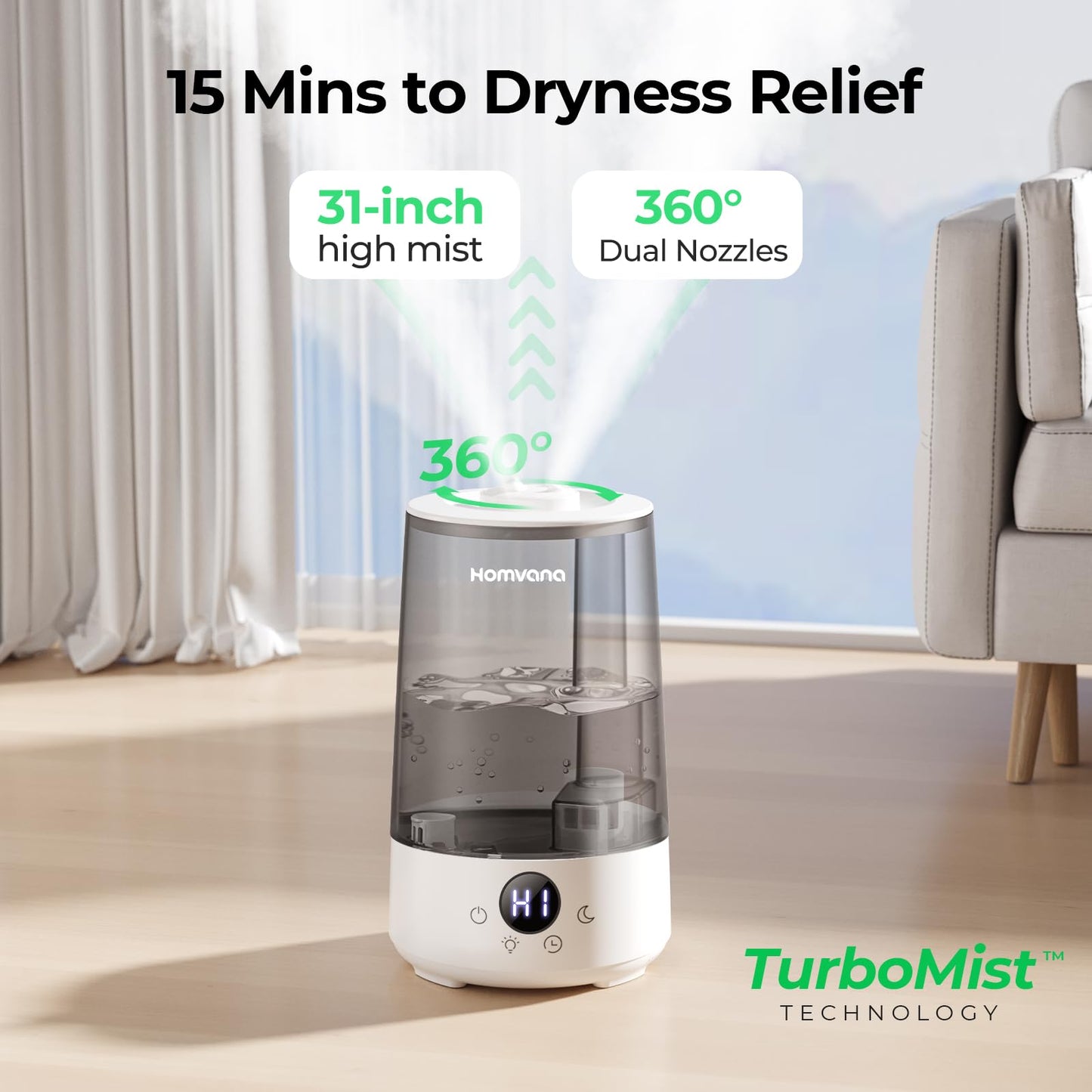 Homvana Humidifiers for Bedroom Home, 3.6 L Cool Mist Top-Fill 34H Super Long Time, Quiet 23dB, Baby Humidifier, Oil Diffuser for Large Room, House, Plant, Nursery, Office, BPA FREE, Ultrasonic (Grey)