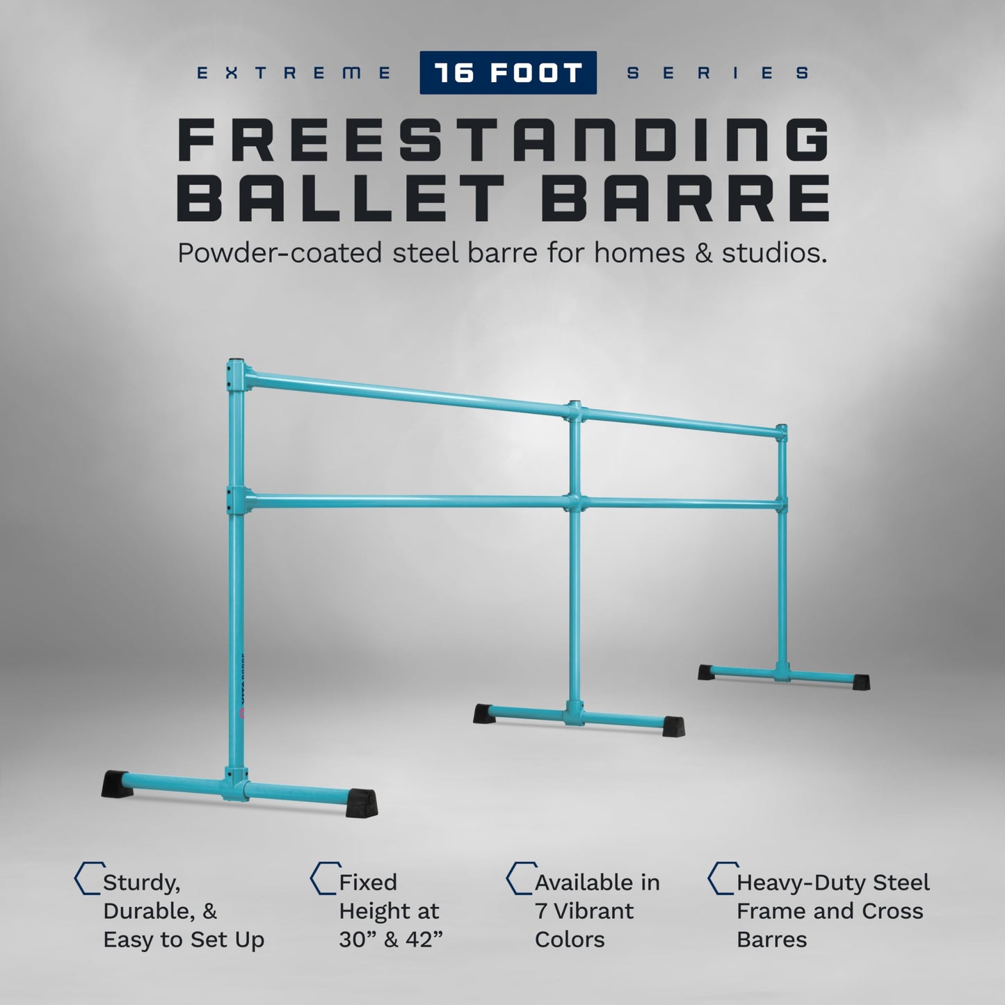 VITA Barre Portable Freestanding Double Ballet Barre, Extreme, 16 Ft Bars, Teal, Steel | Fixed Height, Made in USA, Home or Gym Exercise Equipment for Kids & Adults | Dance, Fitness, Pilates