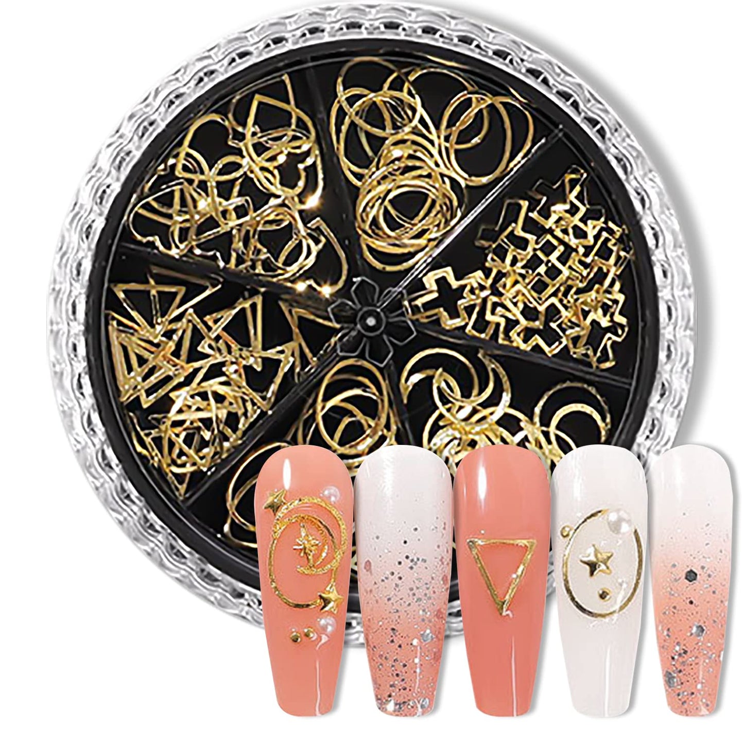 SILPECWEE 4 Boxes Gold Nail Charms Nail Jewels 3d Nail Art Charms Hollow Nail Studs Beads Charms For Nails Metal Chains Nail Art Decoration with Tweezers