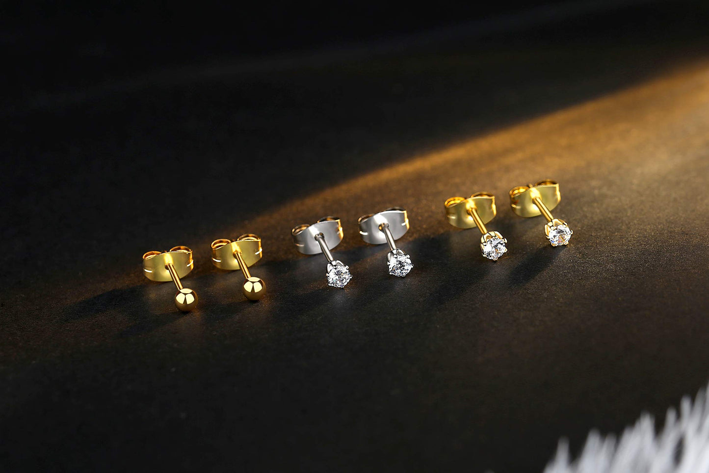 FOSIR 6 Pairs Tiny 14K Gold Plated Stainless Steel Cubic Zirconia Stud Earrings for Women, Hypoallergenic 316L Earrings Pack, 2mm 3mm 4mm CZ
