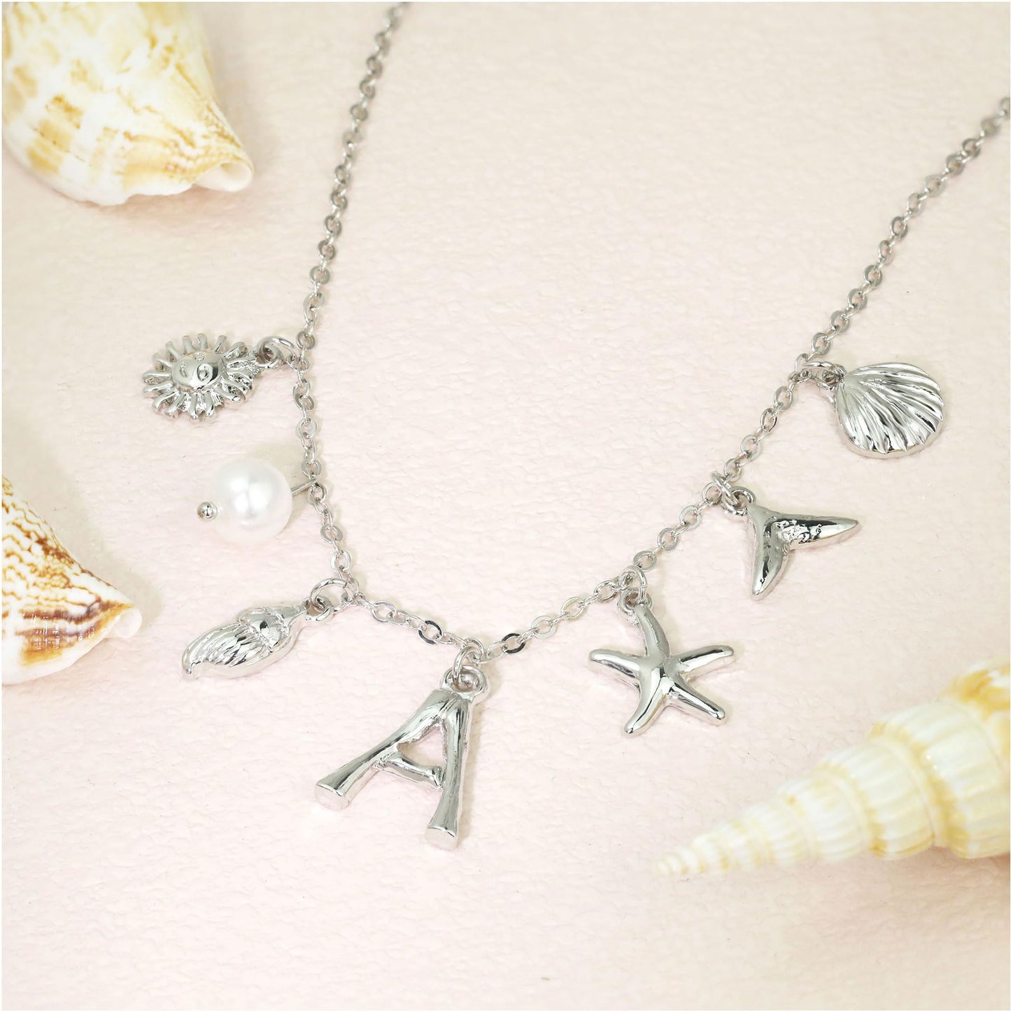 JALZEMPL Initial Charm Necklace For Women Seashell Shell Letter Boho Summer Beach Starfish 14k Gold Plated Silver Pendant Surfer Jewelry Gifts (T,Silver)