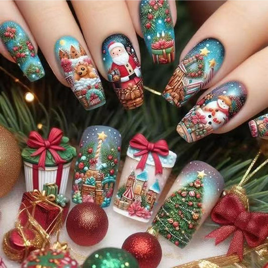 Xmas Press on Nail Long Coffin Fake Nails Retro Press ones with designs Christmas Tree Santa Claus Reindeer Pattern Acrylic Stick on Nail Full Cover Christmas False Nails Gel Glue on Nails for Women