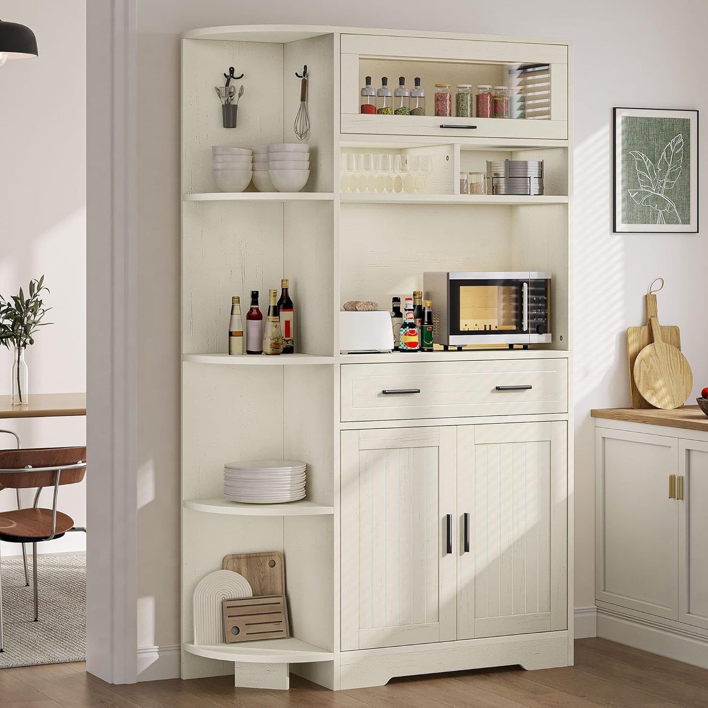 YITAHOME Kitchen Pantry Storage Cabinet, 67" Tall Kitchen Hutch with Outlet & Door & Shelves & Drawer, Farmhouse Wooden Microwave Stand Buffet Coffee Bar for Home Living Dining Room, Off-White