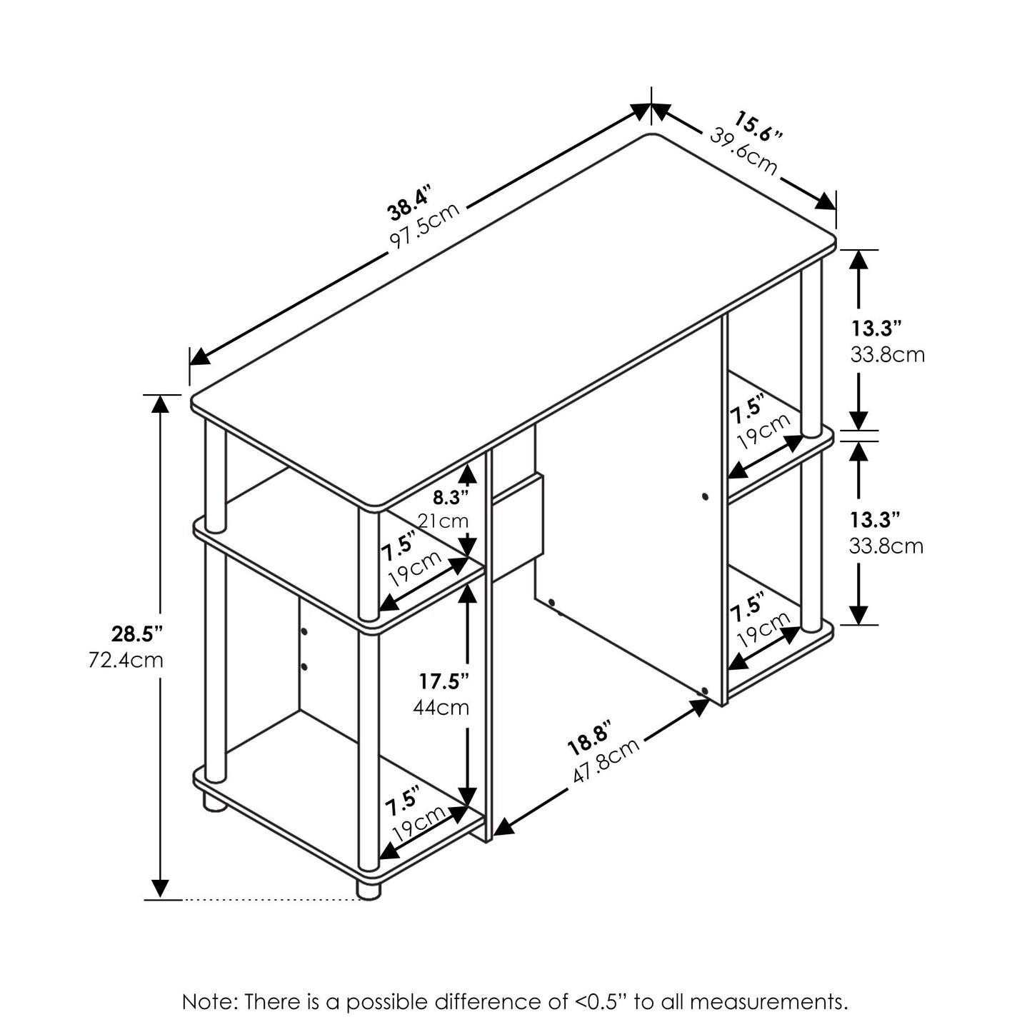 Furinno JAYA Desk, 38.4" Wide Gaming Desk, Computer Study Desk, Office Desk with Side Shelves, Open Storage, for Home Office, Bedroom, Dorm, Study Room, Espresso
