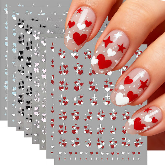 8 Sheets Heart Nail Art Stickers Valentines Nail Decals 3D Self Adhesive Black White Red Blue Pink Heart Nail Stickers Valentine Love Nails Decals Sticker Decoration for Women Holiday DIY Manicure