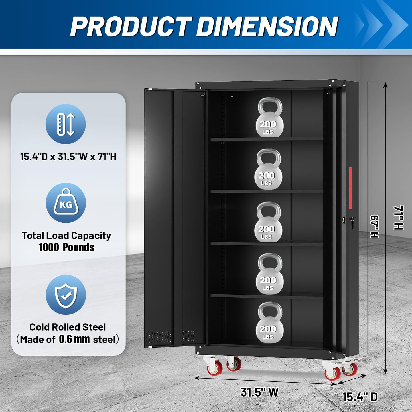 Rumetol Metal Storage Cabinet with Wheels,71" Garage Cabinets with 4 Adjustable Shelves and Lockable Doors,Black Locking Cabinet Suitable for Garages,Home,Office