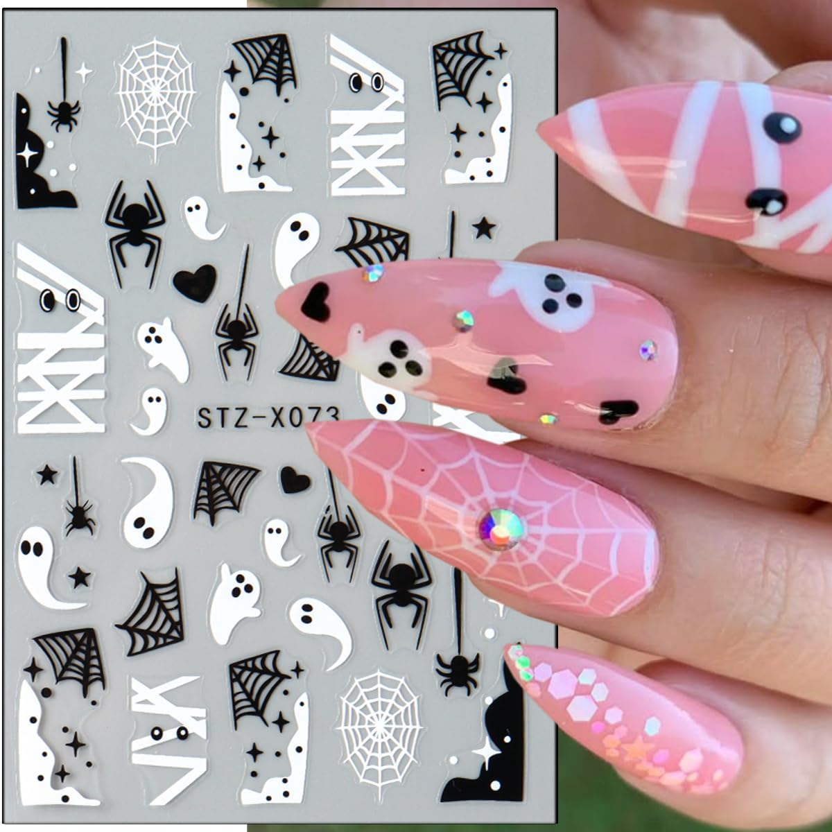 6 Sheets Halloween Nail Stickers Cute Ghost Nail Decals 3D Spider Web Goth Nail Design Sticker Scary Bloody Spider Nail Art Stickers French Manicure Decals Decoration for Women Holiday Salon Supplies
