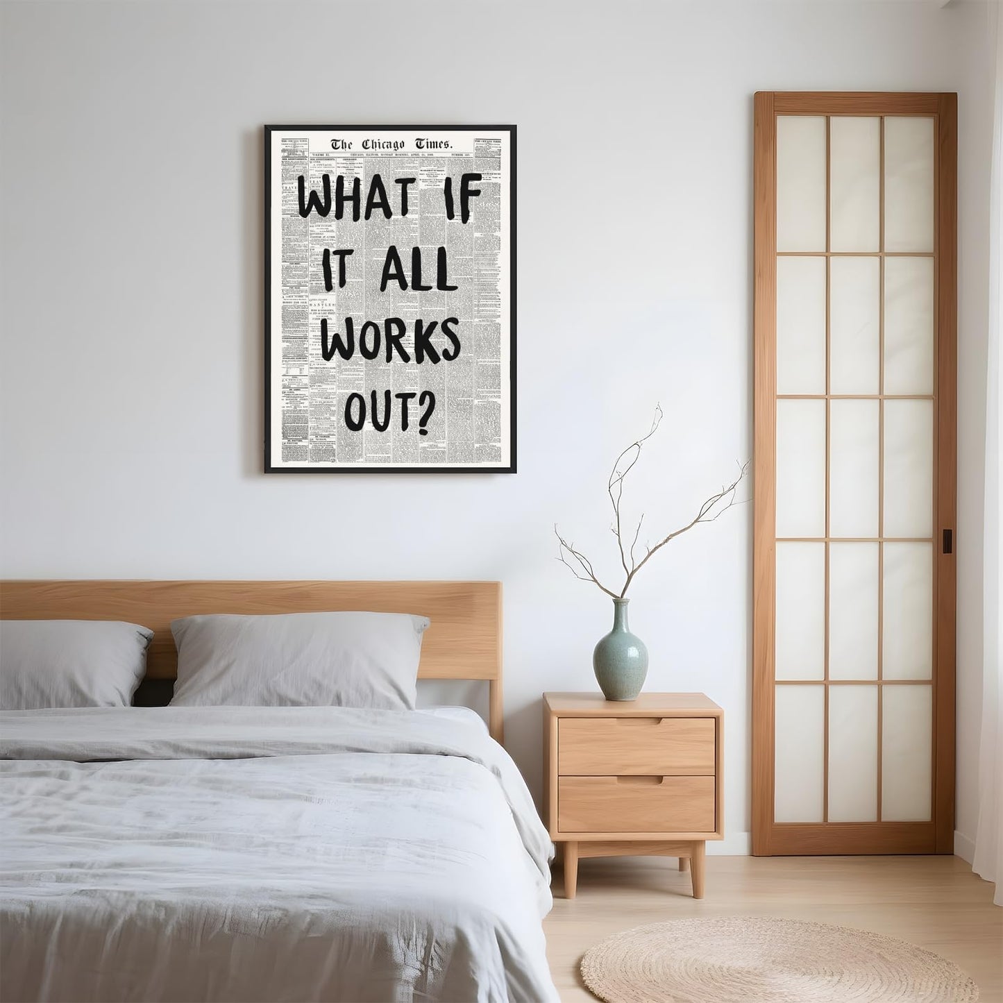 Framed What If It All Works Out Wall Art Black and White Retro Newspaper Poster Positive Motivational Canvas Print Painting Inspirational Quote Picture Wall Decor for Office Home Bedroom Dorm 8x12inch