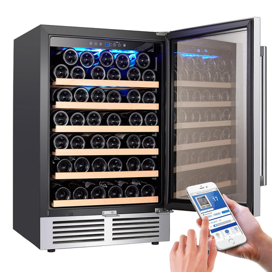 BODEGA Wine Fridge Freestanding, 24 inch Under Counter Wine Refrigerator, Champagne Cooler with App Control, Glass Door, for Kitchen, Bedroom, Home, Office, Holds 52 Bottles