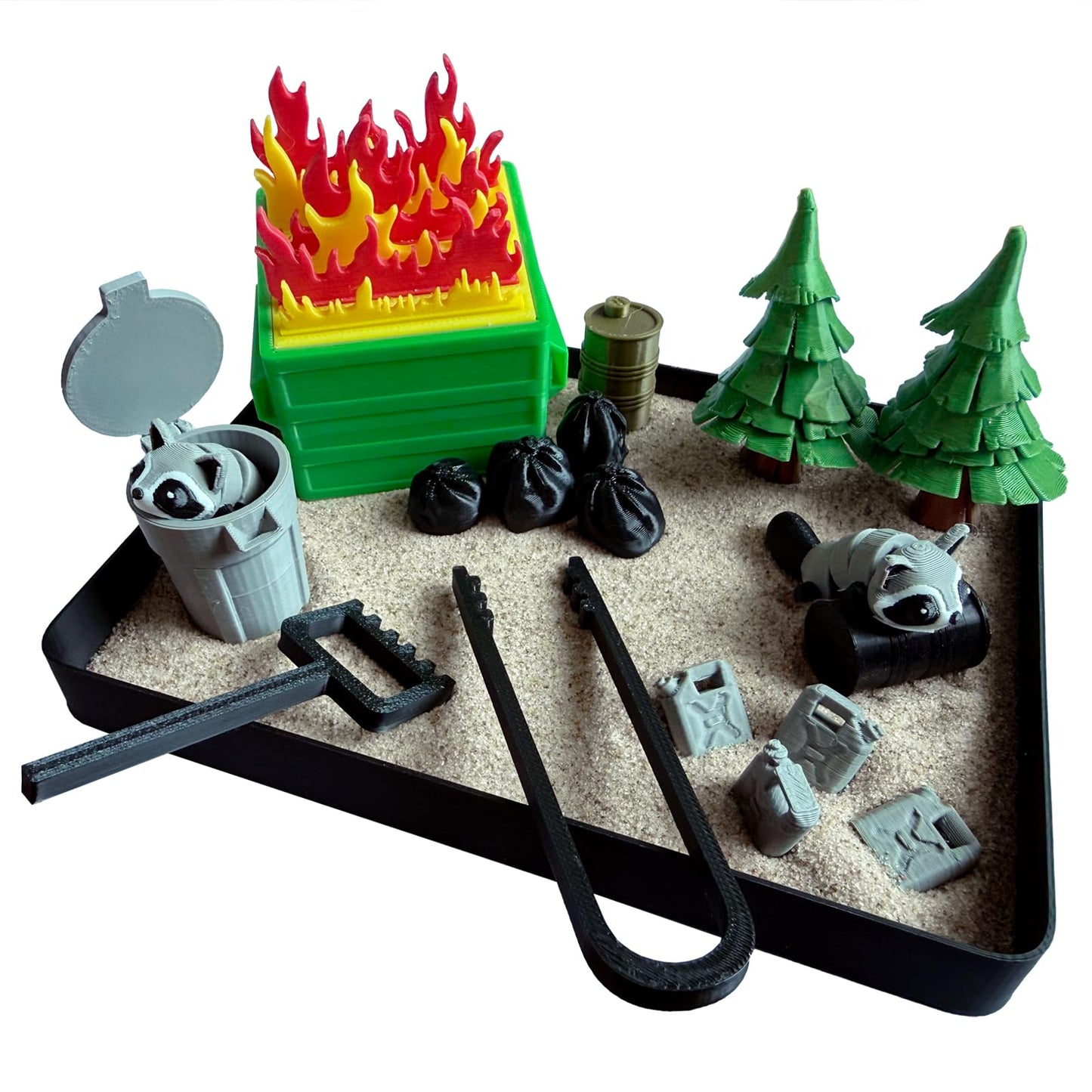 Dibetoy Dumpster Fire Zen Garden Compact Desk Decor, 3D Print Plastic Miniature Sandbox, Office Stress Relief Gift for Humor Lovers